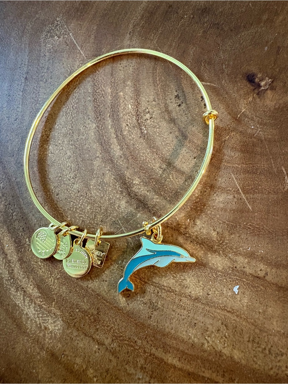 Gold Tone Alex and Ani Dolphin Charm Bangle Bracelet with Blue Enamel Dolphin